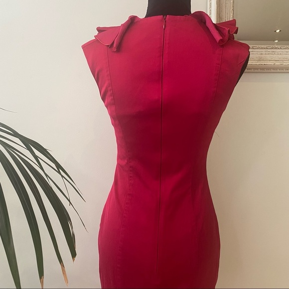 CUE Vintage Midi Dress Dark Red Ruffle Trim Cotton Viscose Elegant Classic 8 - Picture 5 of 7